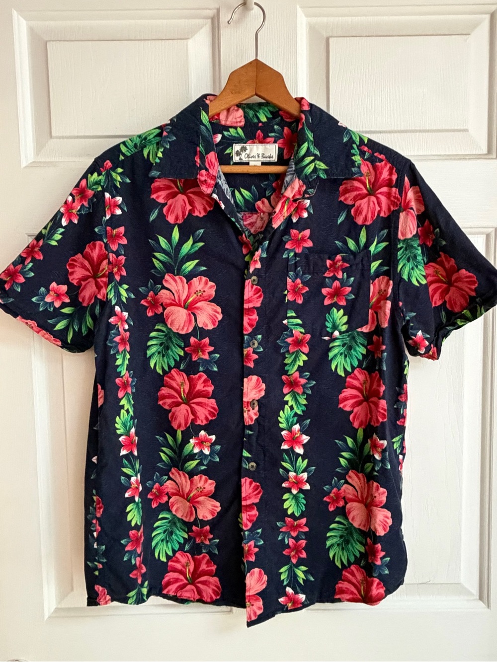 Men's Short-Sleeve Floral Button-Down Shirt - Navy with Pink Hibiscus